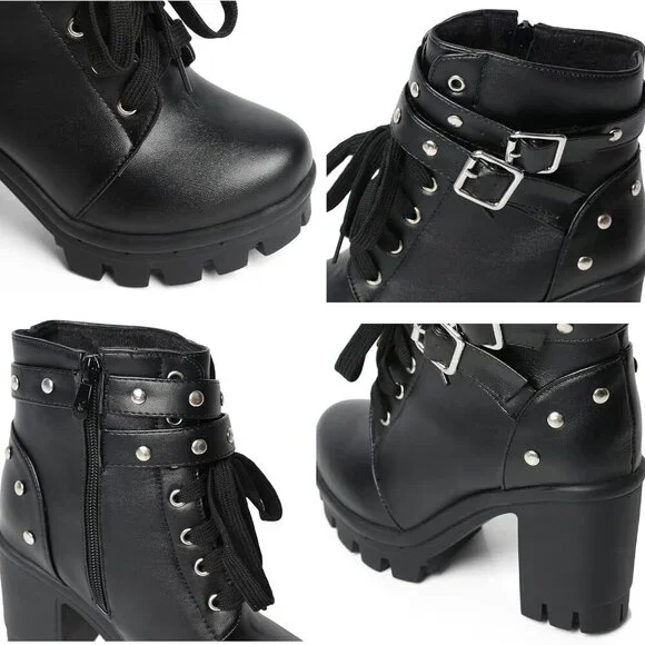 Goth Boots Microfiber Chunky Heel Ankle Combat Zipper Punk Shoes Women